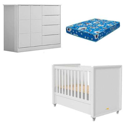 Berço Americano Tutto New com Cômoda Infantil Eloá em MDF com Colchão Incluso Branco