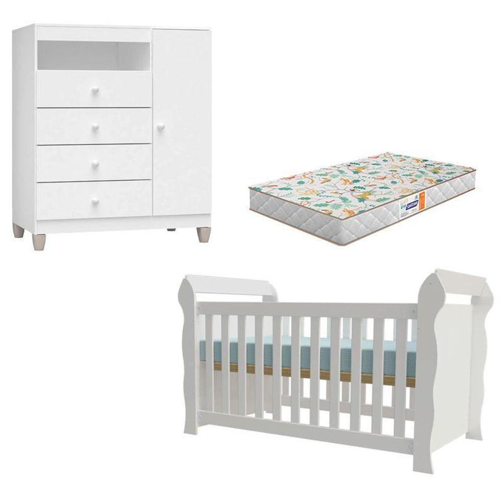 Berço Americano Lara Com Colchão Gazin E Cômoda Infantil Ternura Baby Branco Brilho - Incorplac - 1