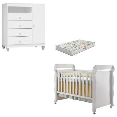 Berço Americano Mirelle em MDF com Colchão Espuma e Cômoda Infantil Branco