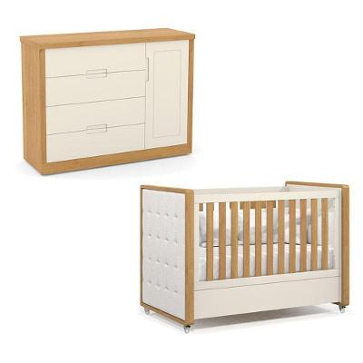 Berço Americano com Capitonê Tutto New Freijó Off White em MDF com Cômoda Infantil para Quarto