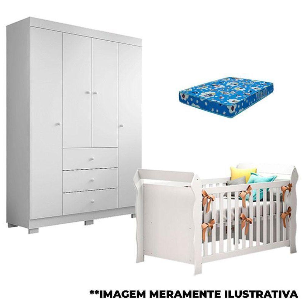 Berço Americano Lara E Guarda Roupa Duda 4 Portas Branco Brilho Com Colchão – Phoenix Baby - 1