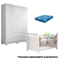 Berço Americano Lara E Guarda Roupa Duda 4 Portas Branco Brilho Com Colchão – Phoenix Baby - 1
