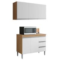 Balcão De Cozinha Com Tampo 100cm E Armário Aéreo 3 Portas Andréia Amêndoa Branco - Ajl - 1