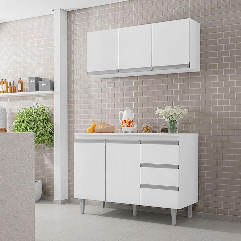 Balcão De Cozinha Com Tampo 120 Cm E Armário Aéreo Andréia Branco Brilho - Ajl - 2