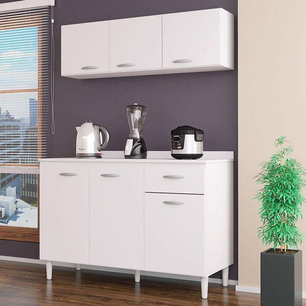 Balcão De Cozinha Com Tampo E Armário Aéreo 120 Cm Branco Brilho - Poquema - 2