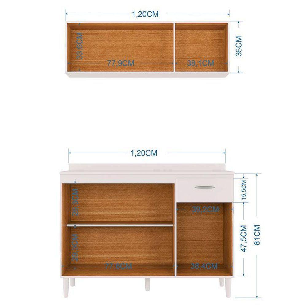 Balcão De Cozinha Com Tampo E Armário Aéreo 120 Cm Branco Brilho - Poquema - 3
