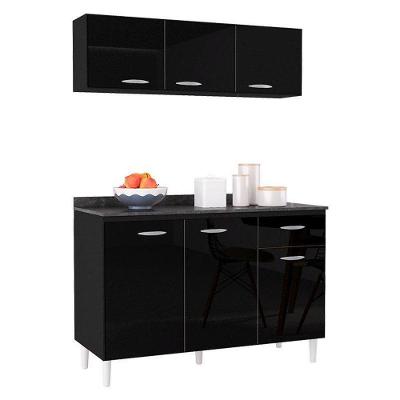 Balcão De Cozinha Com Tampo E Armário Aéreo 120 Cm Preto – Poquema