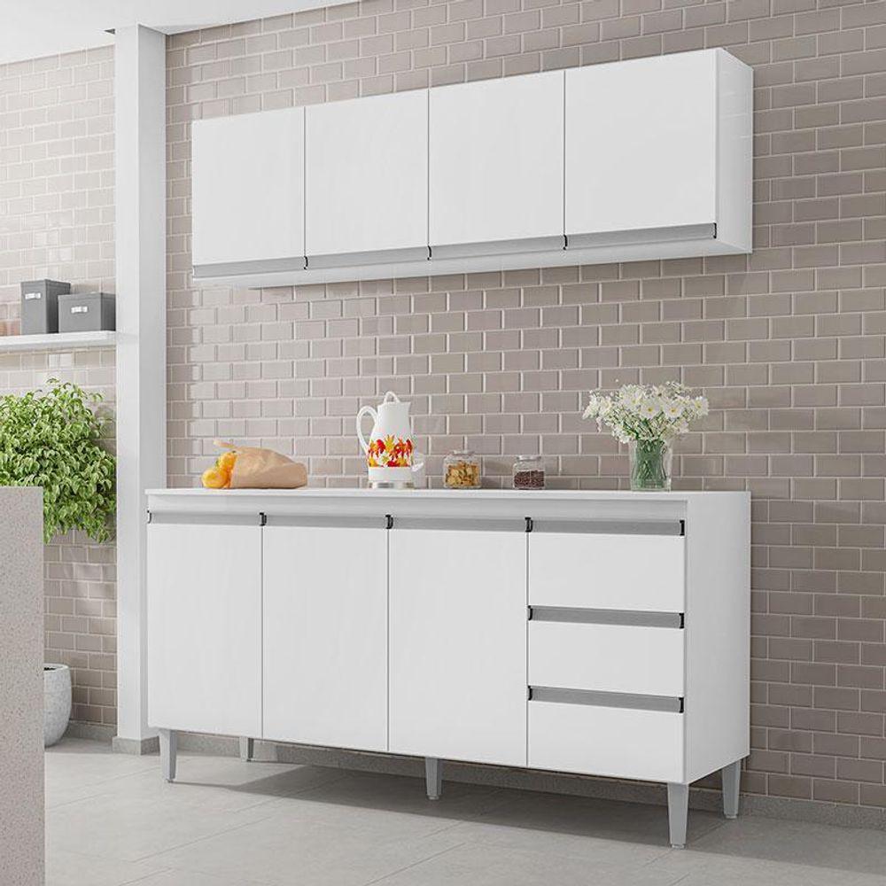 Balcão De Cozinha Com Tampo 160 Cm E Armário Aéreo Andréia Branco Brilho - Ajl - 2