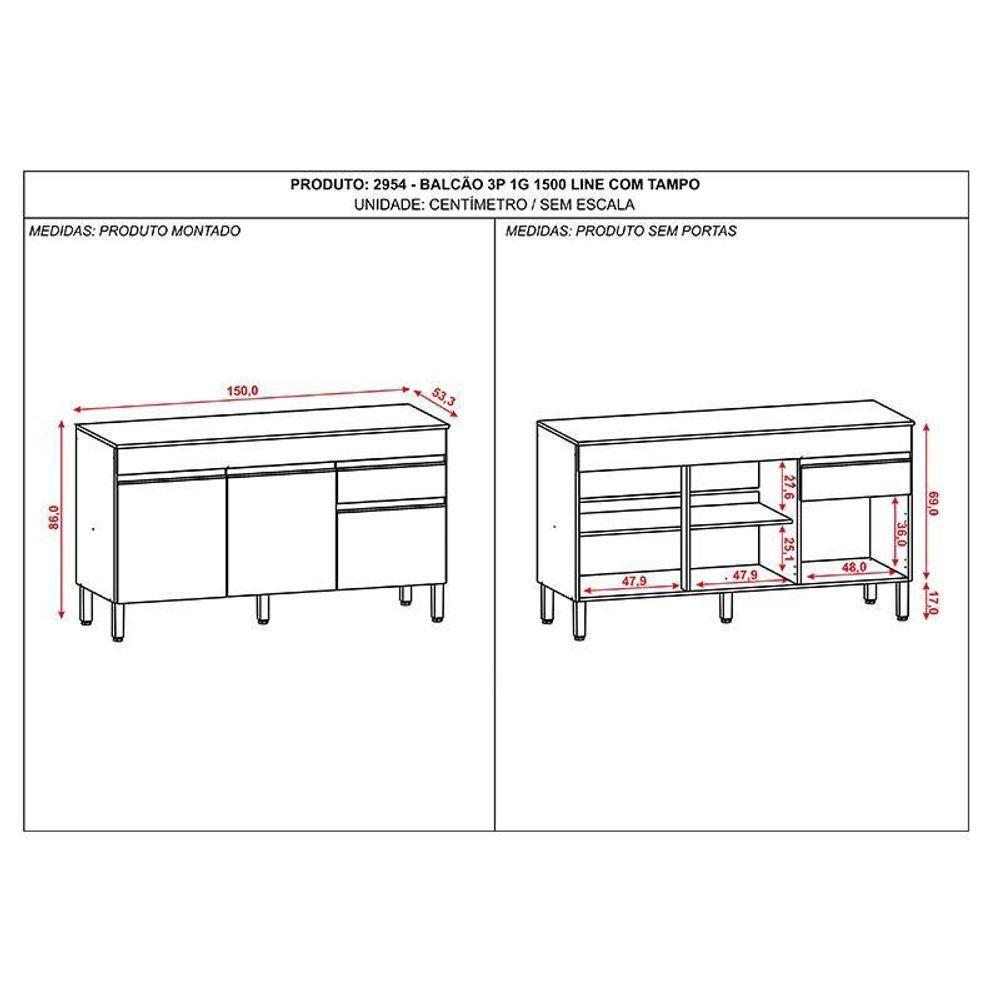 Balcão De Pia Ambiente Line 150 Cm Com Tampo Gris - Kits Paraná - 4