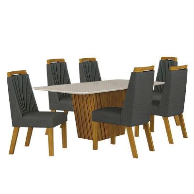 Mesa De Jantar Liz 180x90 Freijó Off White Com 6 Cadeiras Freijó Linho Chumbo – Leifer Móveis