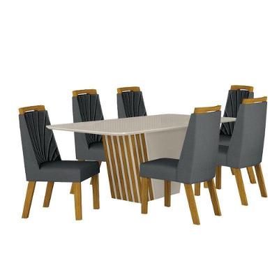 Mesa De Jantar Liz 180x90 Off White Freijó Off Com 6 Cadeiras Freijó Joli Chumbo – Leifer Móveis