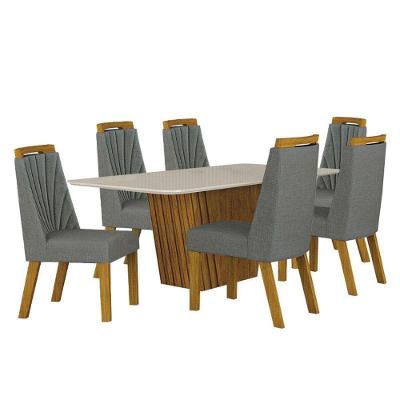 Mesa De Jantar Liz 180x90 Freijó Off White Com 6 Cadeiras Freijó Linho Cinza – Leifer Móveis
