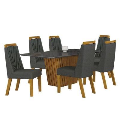 Mesa De Jantar Liz 180x90 Freijó Chumbo Com 6 Cadeiras Freijó Linho Chumbo – Leifer Móveis