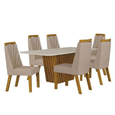 Mesa De Jantar Liz 180x90 Freijó Off White Com 6 Cadeiras Freijó Linho Palha – Leifer Móveis