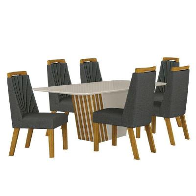 Mesa De Jantar Liz 180x90 Off White Freijó Off Com 6 Cadeiras Freijó Linho Chumbo – Leifer Móveis