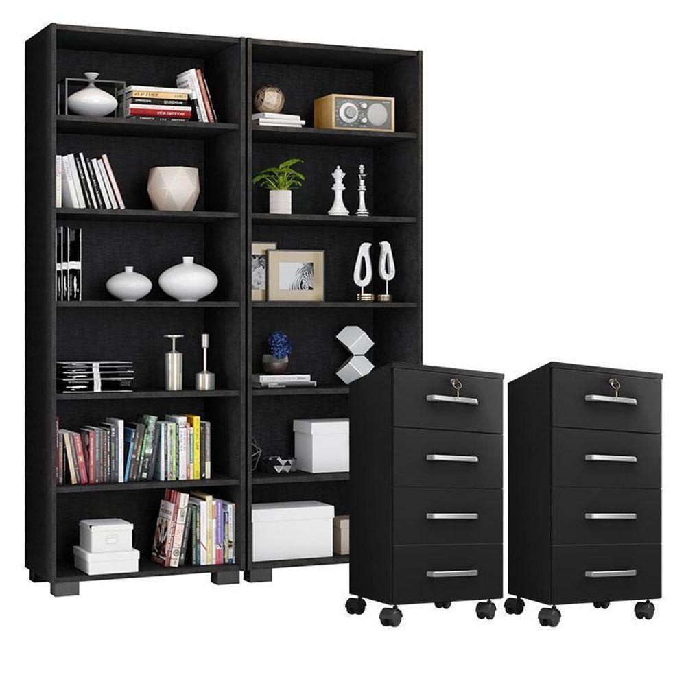Kit 2 Gaveteiros Para Escritório Gávea Com Chave E 2 Livreiros Office Preto Fosco – Móveis Leão - 1