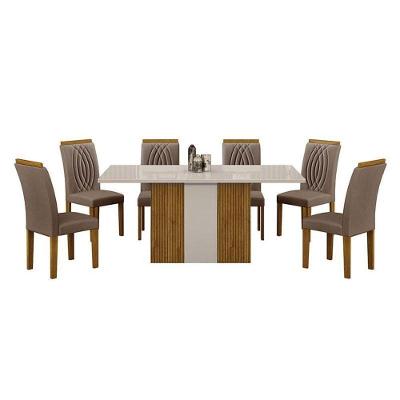 Mesa De Jantar Doha 160x80 Reto Freijó Decor Off White Com 6 Cadeiras Freijó Joli Camurça – Leifer Móveis