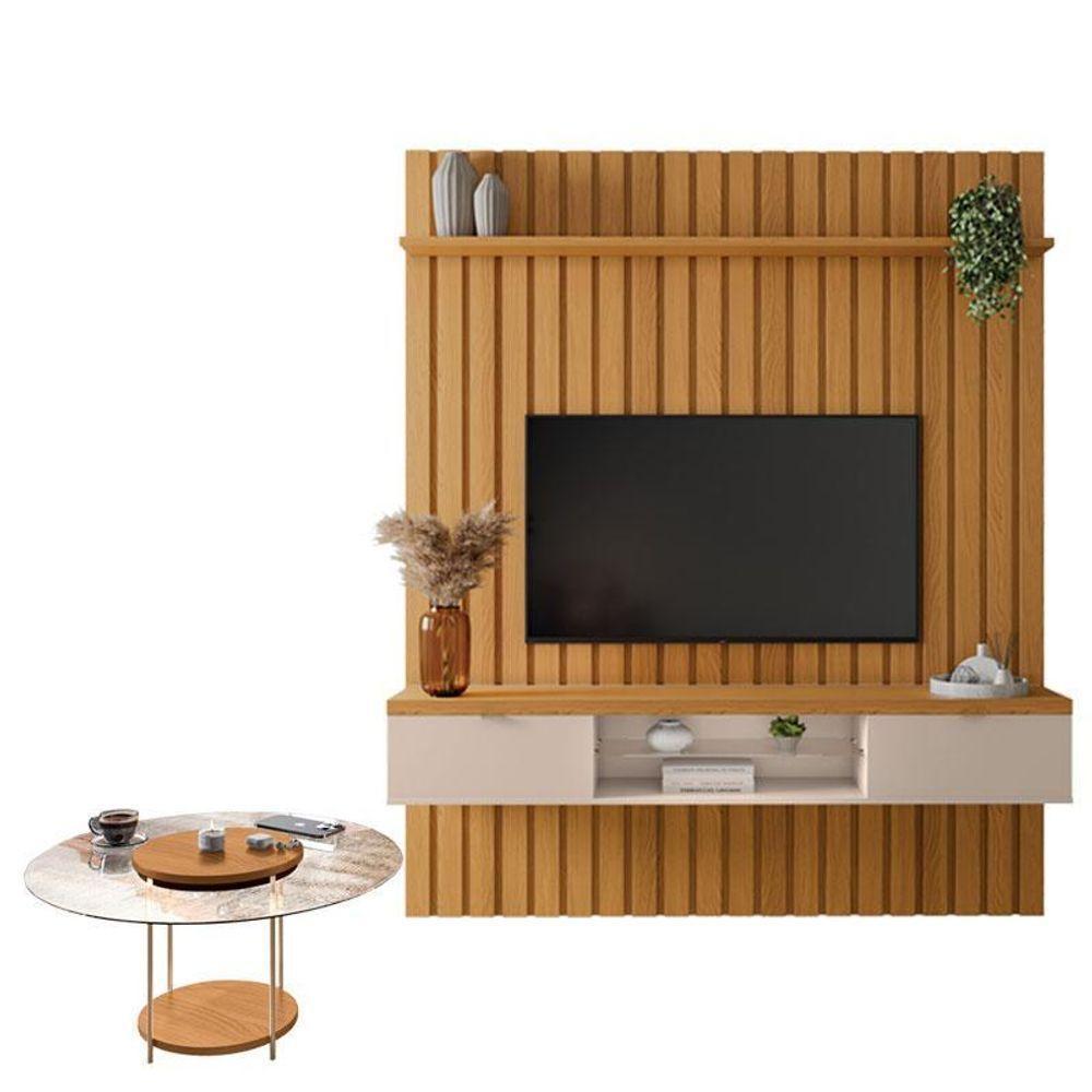 Painel Ripado You Illusion 1.8 Com Mesa De Centro Sky Com Tampo De Vidro Cinamomo Off White - Hb Móveis - 1