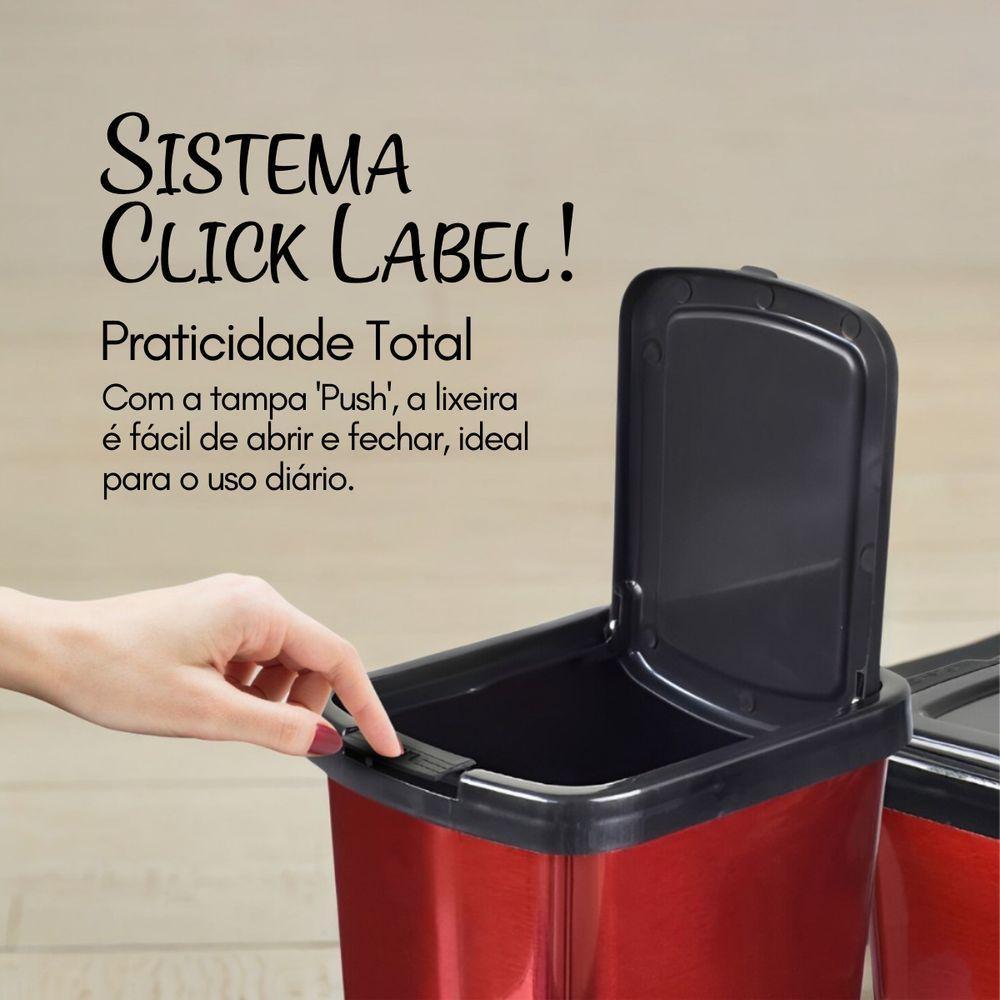 Lixeira Cesto 9 Litros Com Tampa Click Label Vermelha Metalizada - 5