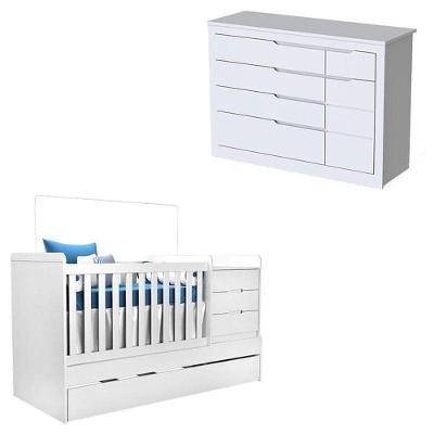 Berço Multifuncional e Cômoda Cléo com Porta e Gavetas em MDF e MDP 194cm Branco Acetinado Carolina