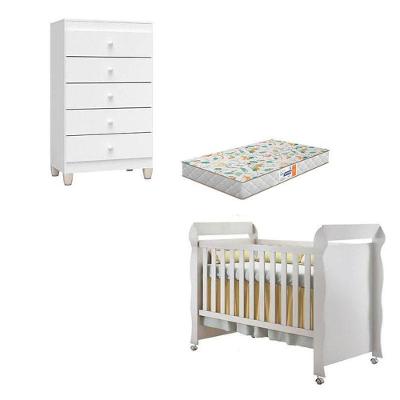 Berço Americano Mirelle em MDF com Colchão Espuma e Cômoda Gaveteiro Branco Brilho