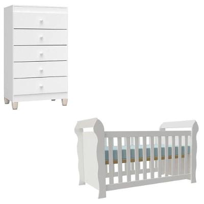 Berço Americano Lara Ternura Baby em MDF Branco Brilho com Cômoda Gaveteiro