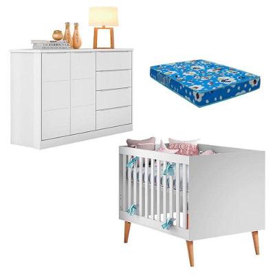 Berço Americano com Cômoda e Colchão Ludmila Blenda 2 Portas 4 Gavetas MDF 133cm Branco Phoenix