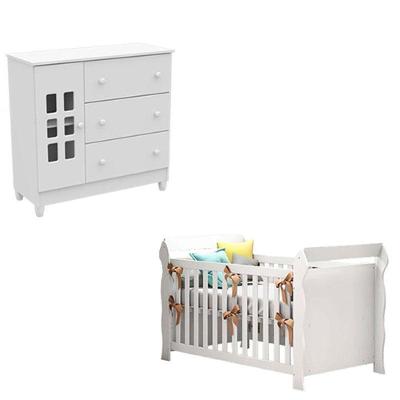 Berço e Cômoda Infantil Lara Mariah com Porta e Gavetas em MDF MDP 154 cm Branco Carolina