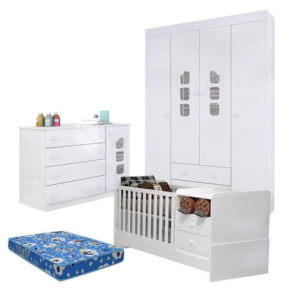 Quarto De Bebê Lívia Com Berço Multifuncional Selena Branco Brilho Com Colchão Ortobom Phisical - Phoenix - 1