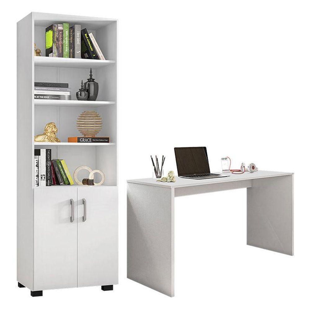 Mesa Para Computador Gávea E Livreiro Office Com Portas Pequenas Branco Trama - Móveis Leão - 1