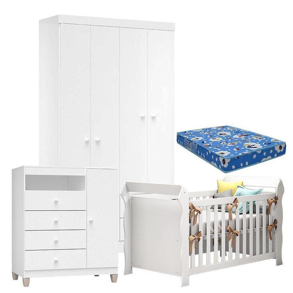 Quarto De Bebê 4 Portas Ternura Baby Com Berço Lara Branco Brilho Com Colchão - Incorplac - 1