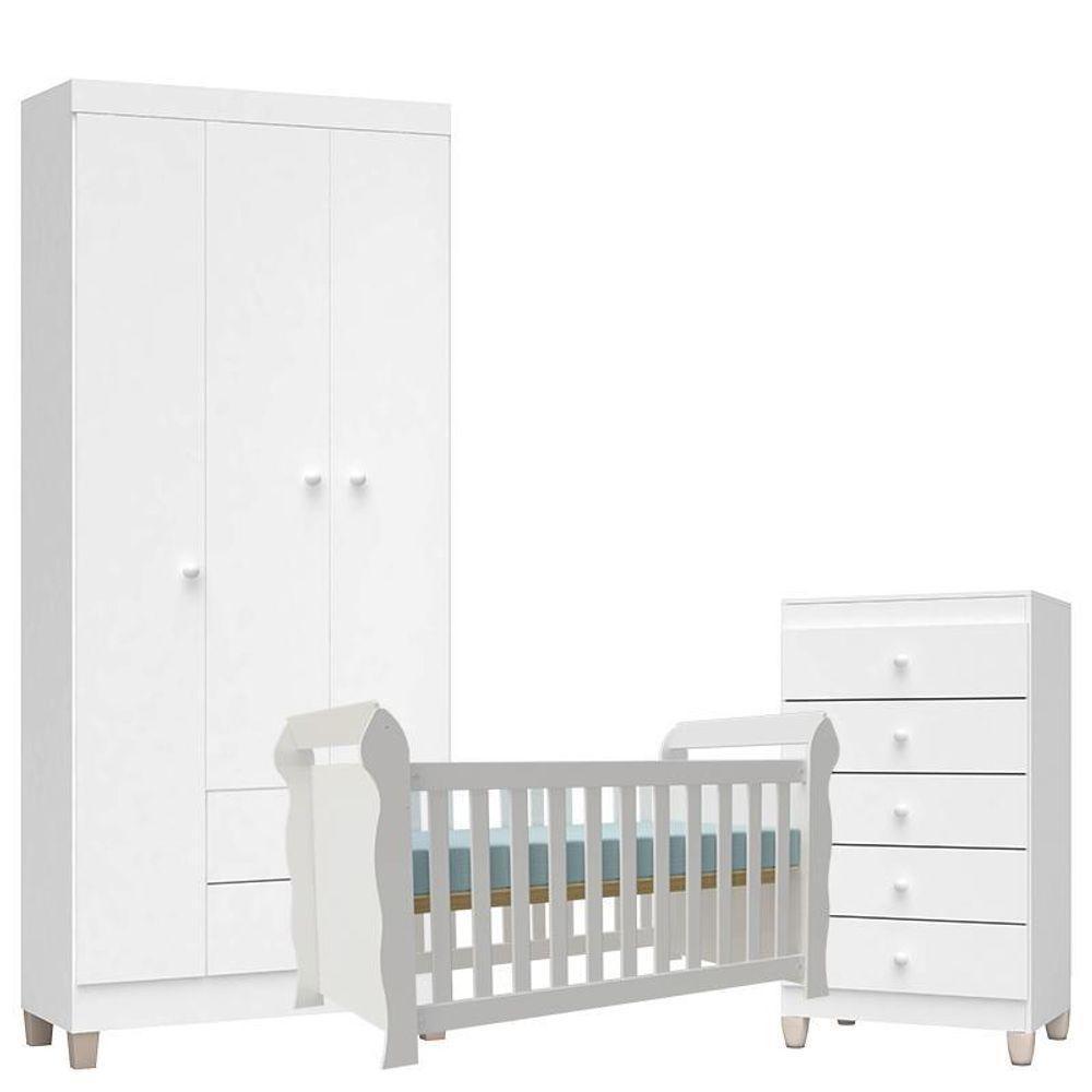 Quarto De Bebê 3 Portas Com Gaveteiro Ternura Baby E Berço Lara Branco Brilho - Incorplac - 1