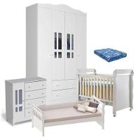 Quarto De Bebê Ariel 4 Portas Berço Mirelle Com Colchão E Cama Babá Julia Branco Brilho – Carolina - 1