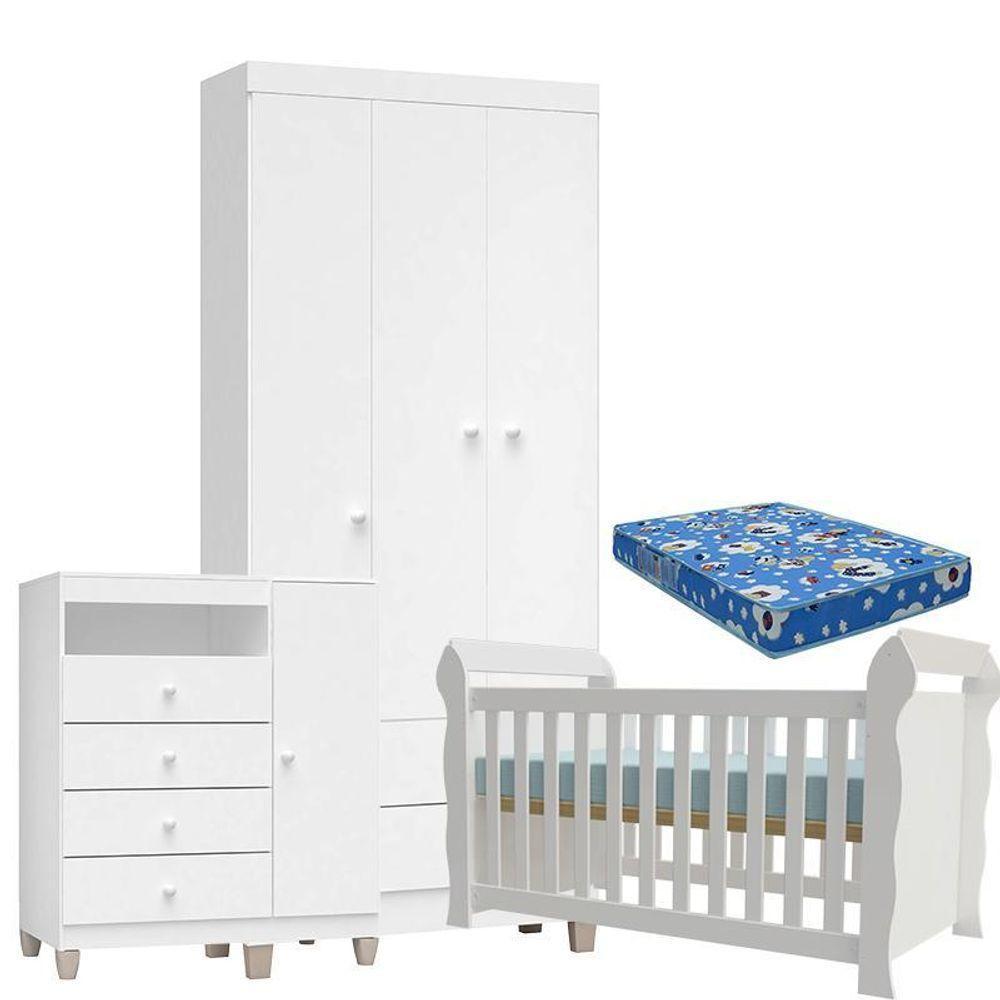 Quarto De Bebê 3 Portas Ternura Baby Com Berço Lara Branco Brilho Com Colchão - Incorplac - 1