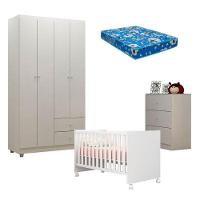 Quarto De Bebê Louise 4 Portas Com Berço Doce Sonho 100 Rodízios Branco Brilho E Colchão - Ajl - 1