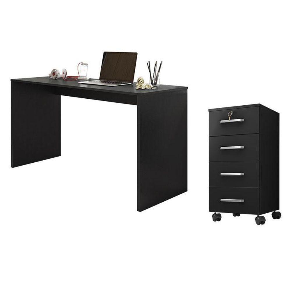 Mesa Para Computador E Gaveteiro Gávea Com Chave 4 Gavetas Preto Fosco - Móveis Leão - 1