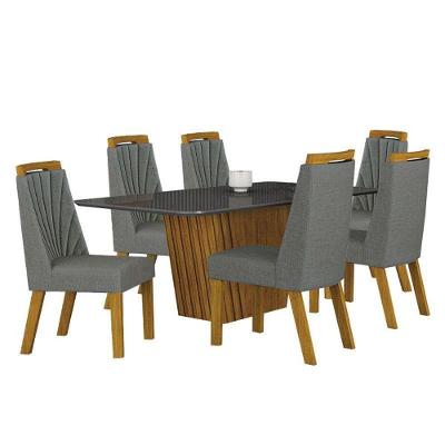 Mesa De Jantar Liz 180x90 Freijó Chumbo Com 6 Cadeiras Freijó Linho Cinza – Leifer Móveis