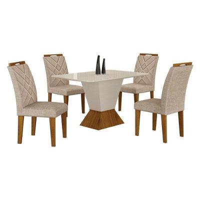 Mesa De Jantar Larissa 120x80 Off White Freijó Com 4 Cadeiras Mdf Freijó Linho Palha - Leifer Móveis