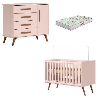 Conjunto Berço Americano 3820 e Cômoda Infantil 3825 Q Encanto Retrô MDP com Colchão Rosa