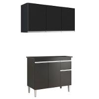 Balcão De Cozinha Tatiane Com Tampo 100cm E Armário Aéreo Andréia 3 Portas Preto Fosco - Ajl - 1