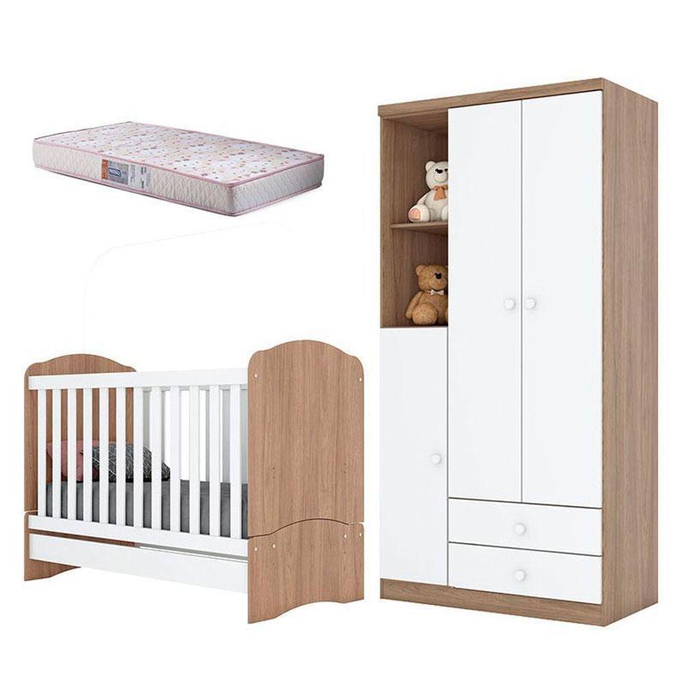 Berço Nacional Bala De Menta E Guarda Roupa Infantil Pique-esconde Rústico Branco Com Colchão Gazin - Henn - 1