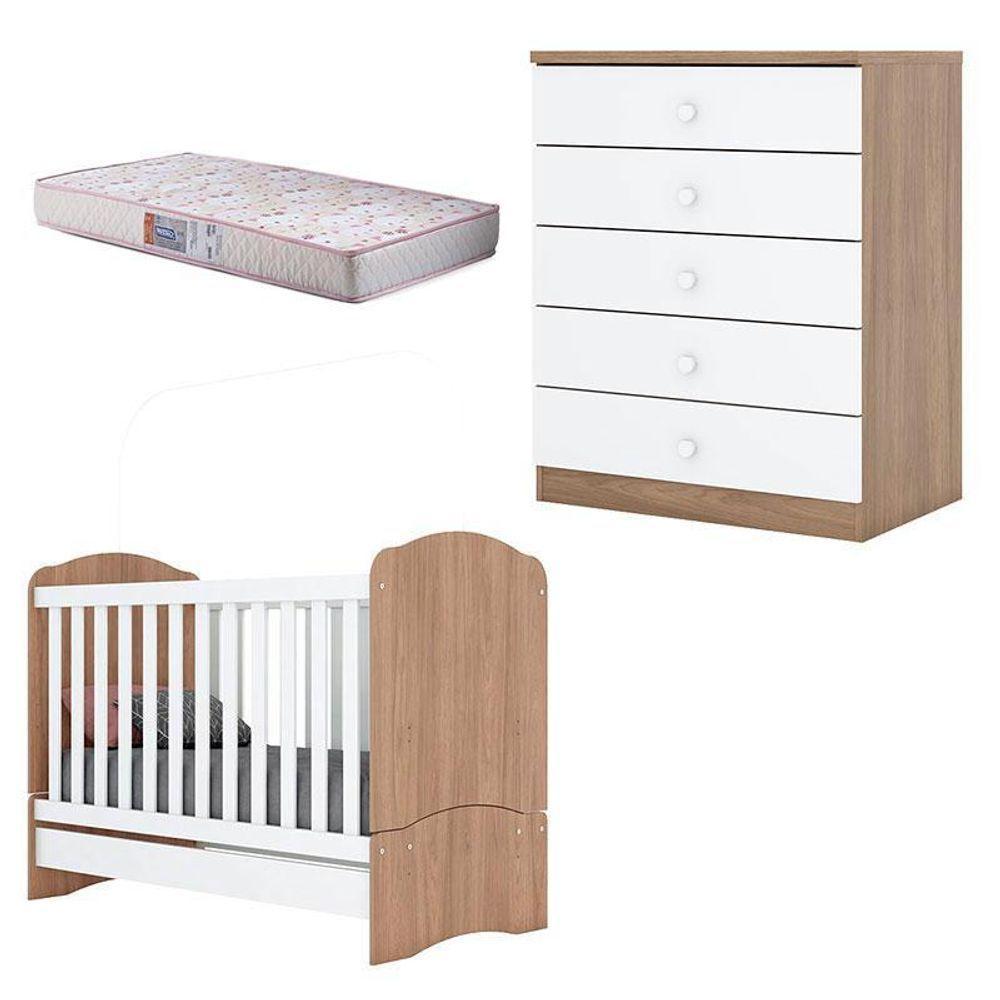 Berço Nacional Bala De Menta E Cômoda Infantil Pique-esconde Rústico Branco Com Colchão Gazin – Henn - 1