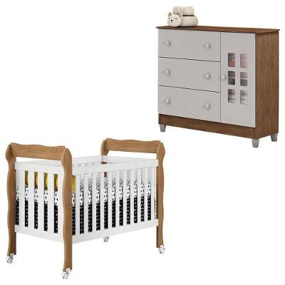 Berço e Cômoda Infantil Lila Mariah 3 Gavetas MDF Branco Acetinado Amadeirado com Rodízios