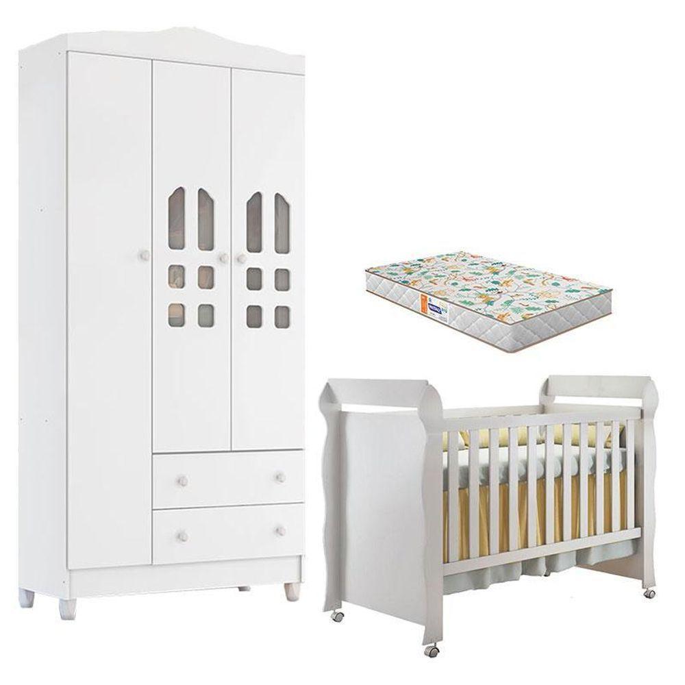 Berço Americano Mirelle E Guarda Roupa New Selena 3 Portas Branco Brilho Com Colchão Gazin – Carolina Móveis - 1