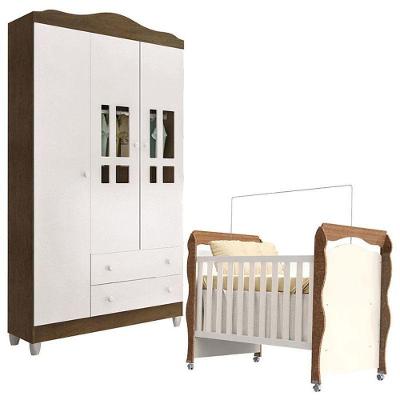 Berço Americano New Nanda E Guarda Roupa Infantil Ariel 3 Portas Branco Acetinado Amadeirado – Carolina