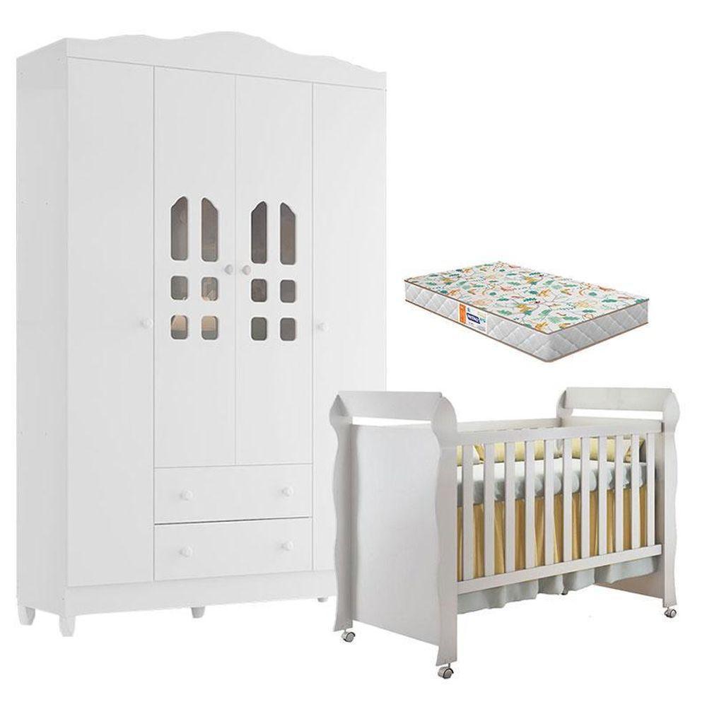Berço Americano Mirelle E Guarda Roupa New Selena 4 Portas Branco Brilho Com Colchão Gazin – Carolina Móveis - 1