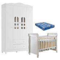 Berço Americano Mirelle E Guarda Roupa New Selena 4 Portas Branco Brilho Com Colchão Ortobom – Carolina Móveis - 1