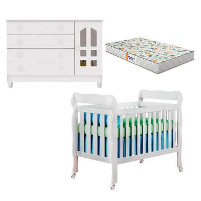 Berço Americano Lila Gran Selena MDF com Colchão Gazin Branco Brilho Moderno