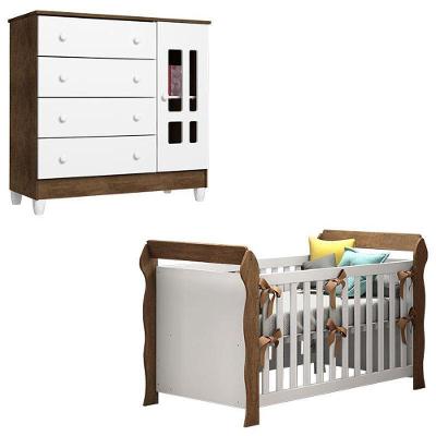 Conjunto Berço Americano Lara Ariel em MDF MDP Branco Acetinado Amadeirado