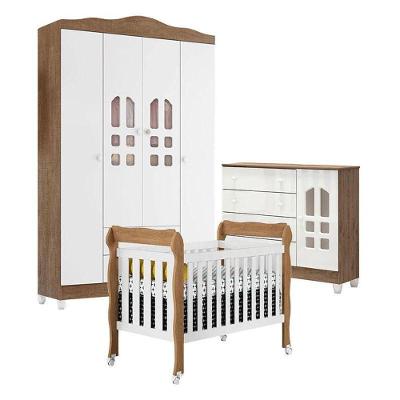 Quarto de Bebê New Selena 4 Portas 2 Gavetas MDF e MDP Branco Acetinado Amadeirado Carolina Baby